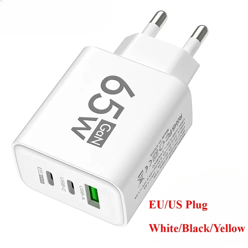 65W Gan Fast Charging USB PD Type-C Multi-Port Mobile Phone Adapter for Iphone 15 Pro Max Samsung Xiaomi Huawei Compact High-S